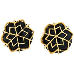 David Webb Snowflake Platinum and 18 Karat Yellow Gold Onyx Webb Earrings