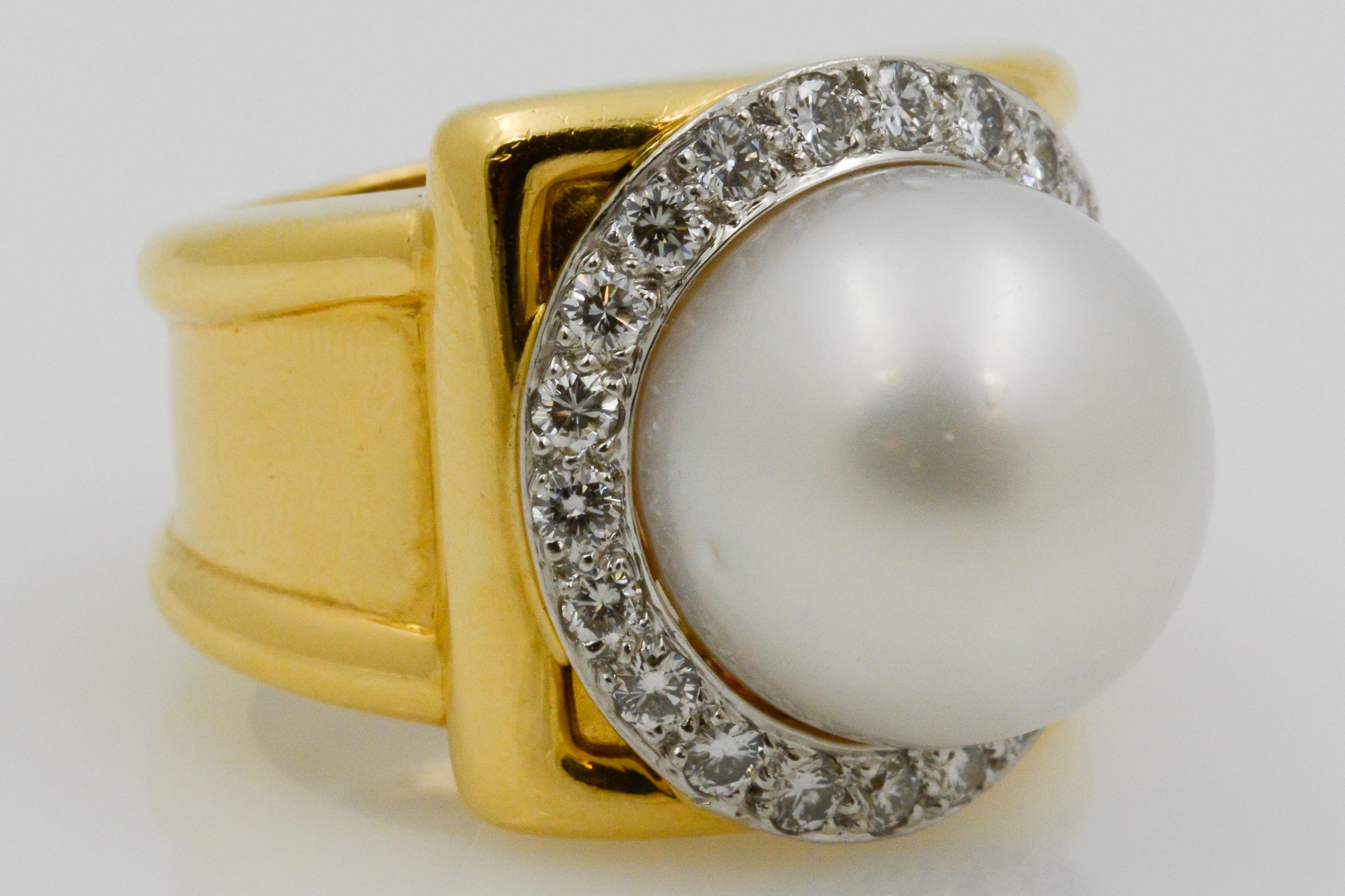 Women's David Webb South Sea Pearl 18 Karat Yellow Gold and Diamond Halo Ring