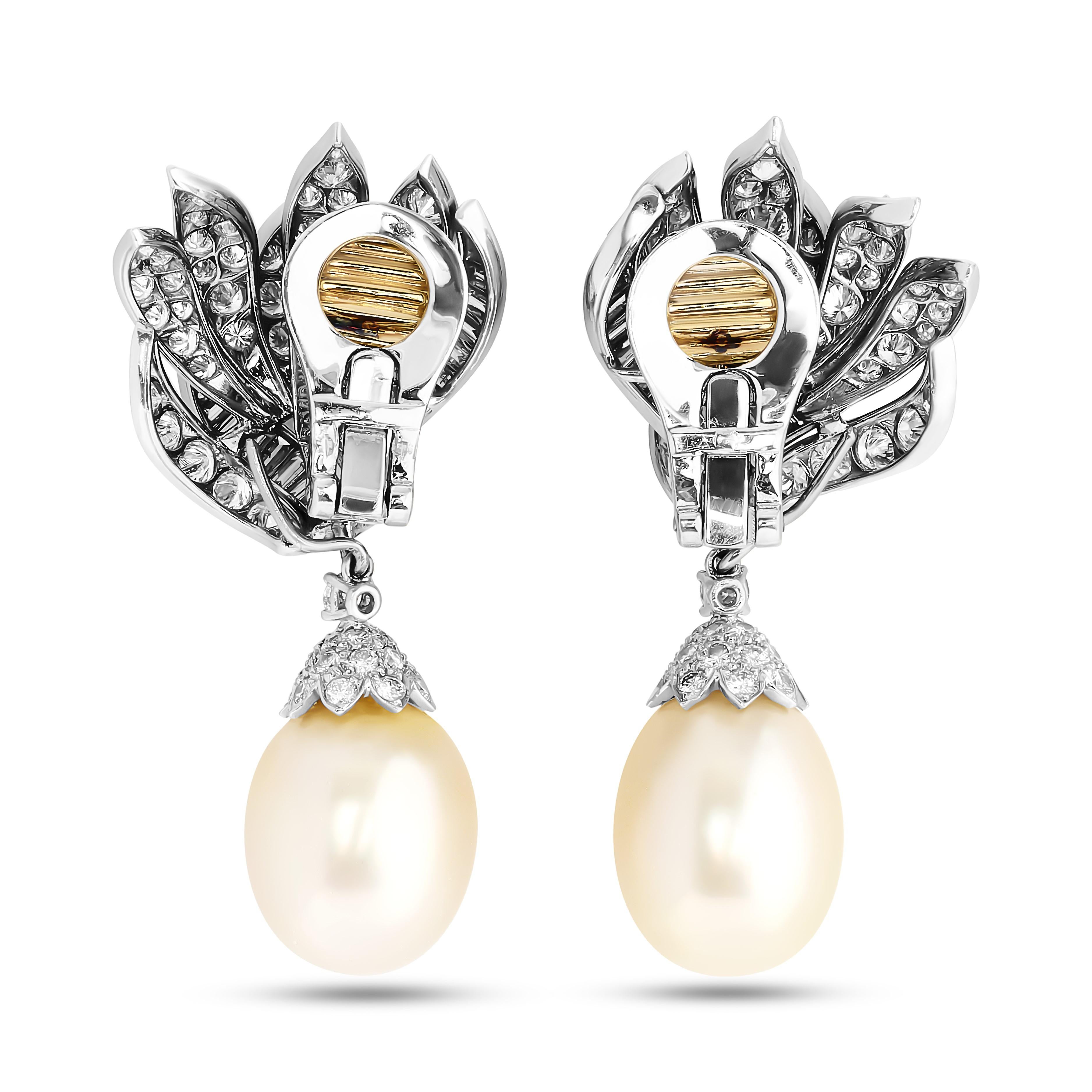 Round Cut David Webb South Sea Pearl and Diamond Flame Earrings in Platinum For Sale