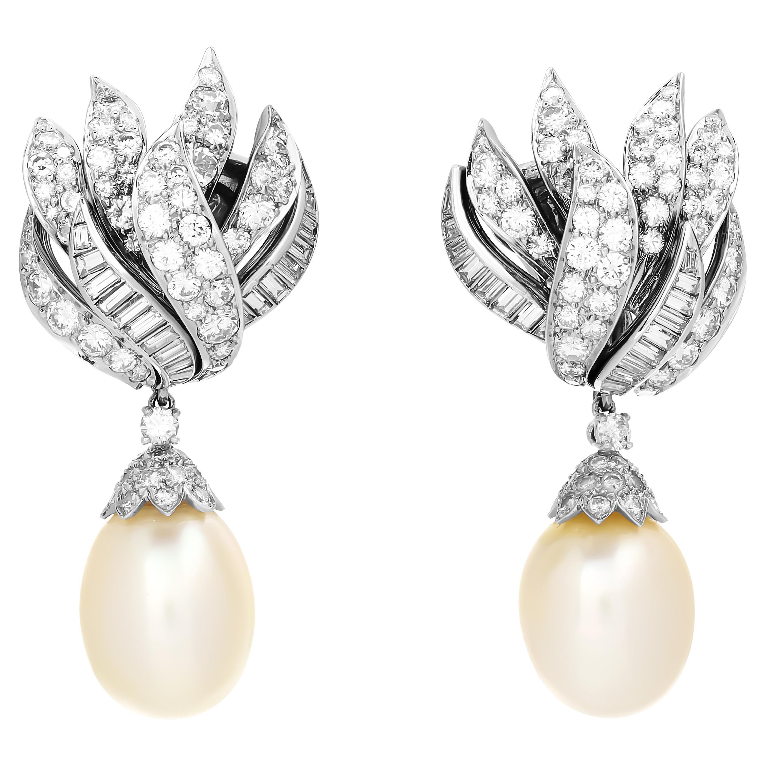 David Webb South Sea Pearl and Diamond Flame Earrings in Platinum