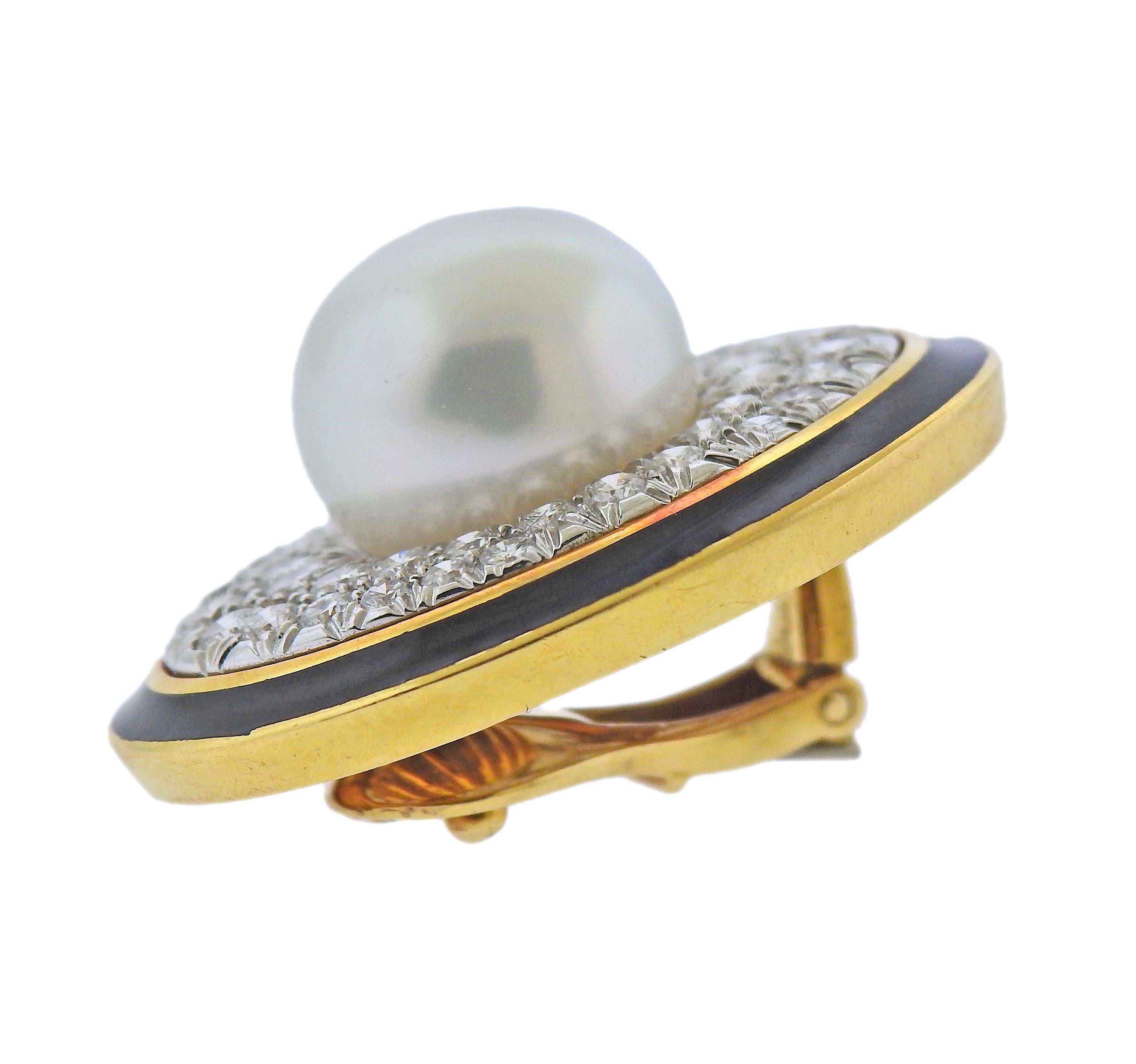 Round Cut David Webb South Sea Pearl Diamond Enamel Gold Platinum Earrings