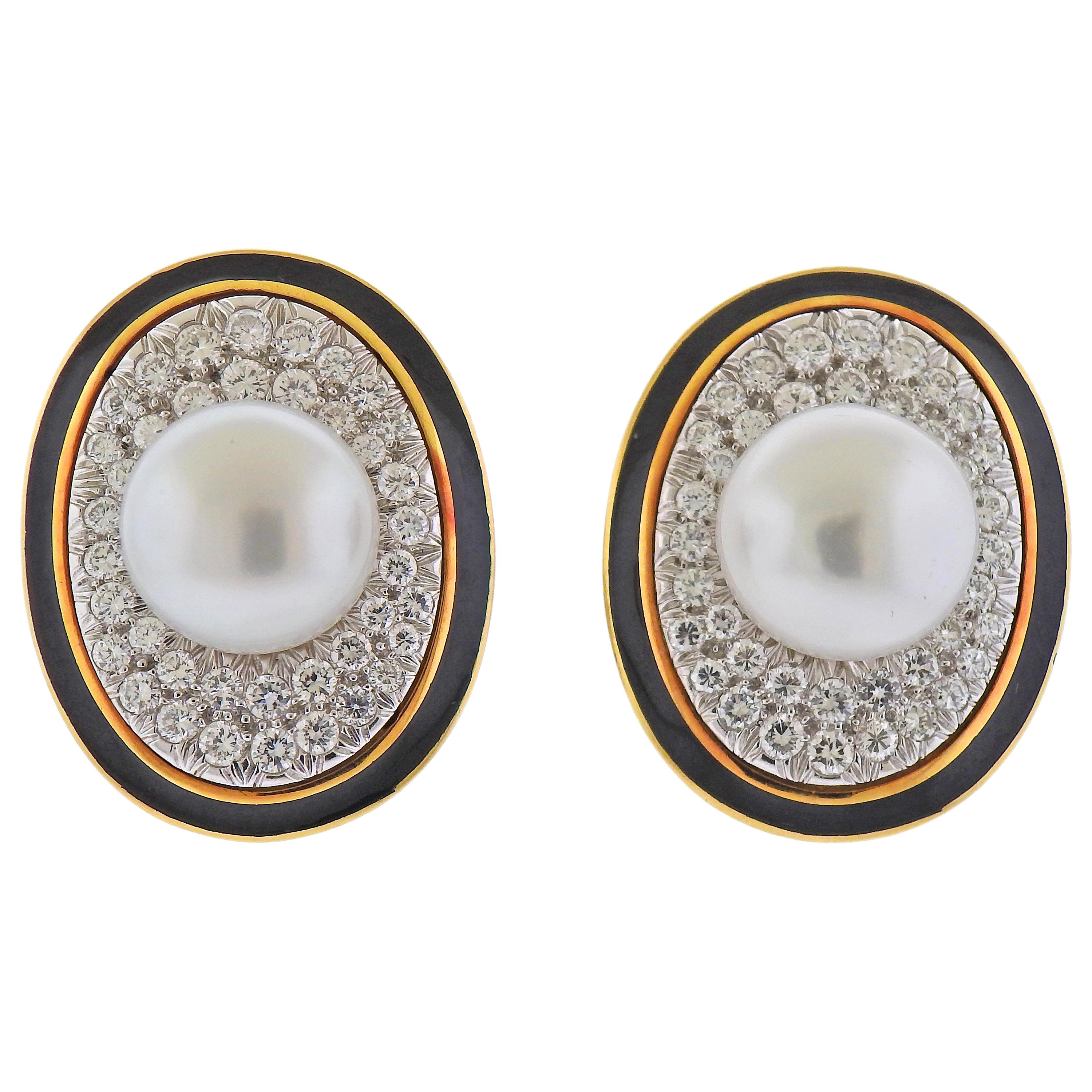 David Webb South Sea Pearl Diamond Enamel Gold Platinum Earrings