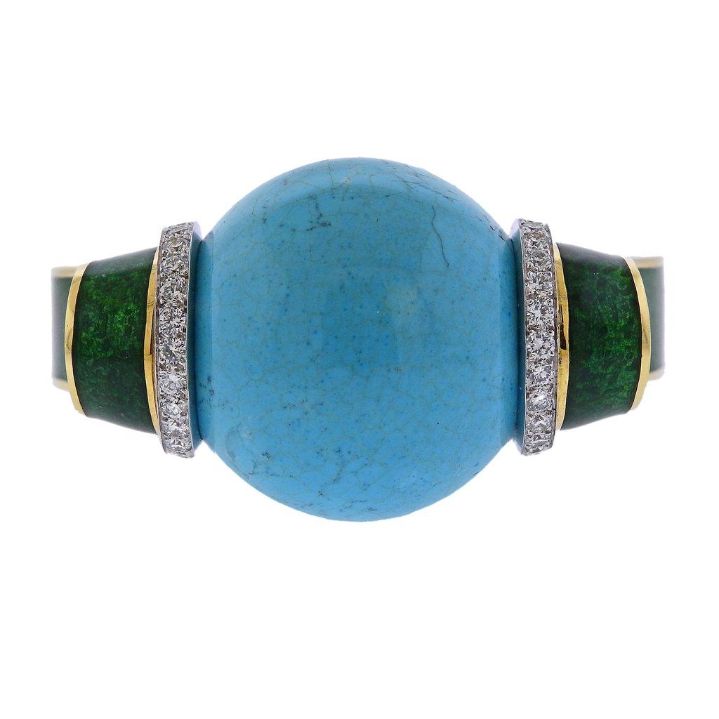 Exquisite 18k gold and platinum cuff bracelet, featuring 33mm large turquoise sphere ball, surrounded with green enamel and approx. 3.00ctw in H/VS diamonds. Designed by David Webb, retail $78000. Bracelet will fit approx. 7