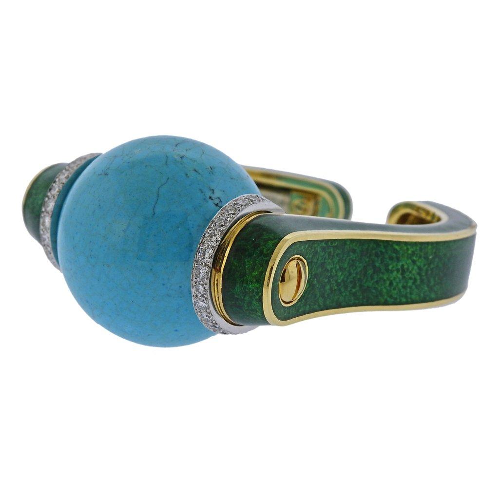 Ball Cut David Webb Sphere Turquoise Ball Diamond Enamel Gold Bracelet For Sale