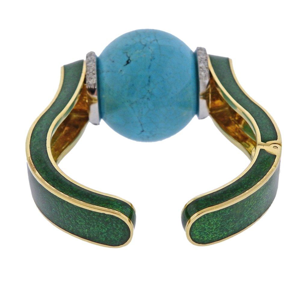 David Webb Sphere Turquoise Ball Diamond Enamel Gold Bracelet In Excellent Condition For Sale In Lambertville, NJ