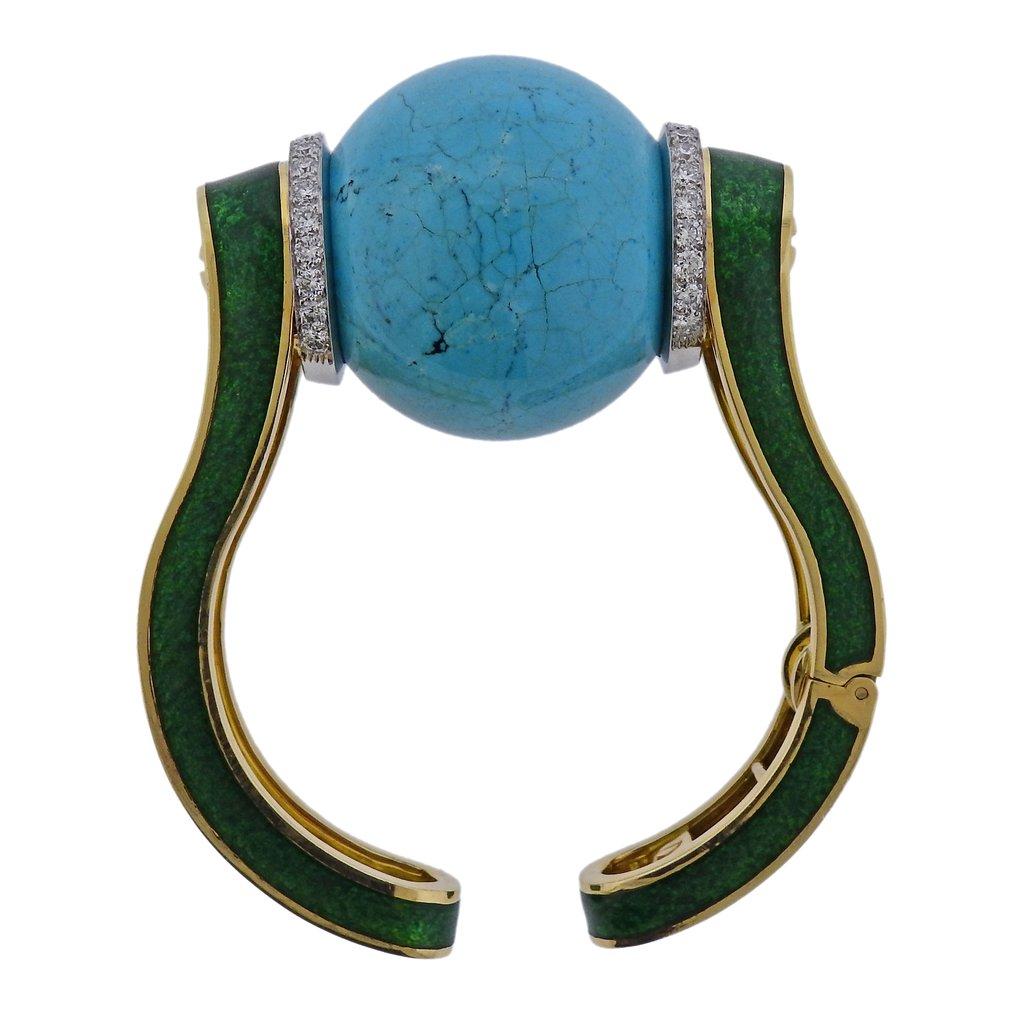 David Webb Sphere Turquoise Ball Diamond Enamel Gold Bracelet For Sale