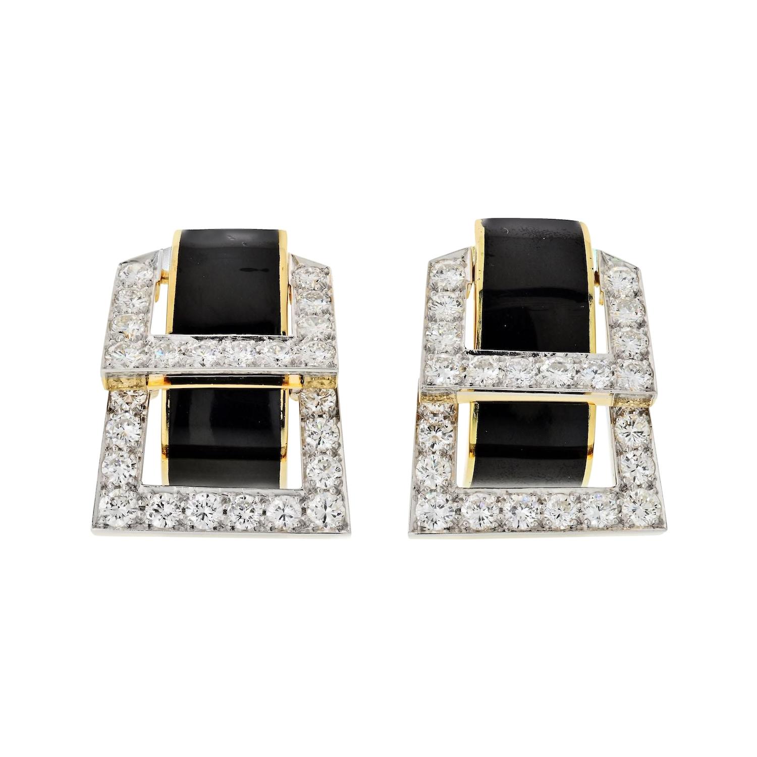 David Webb Strap Black Enamel and Diamond Earrings For Sale