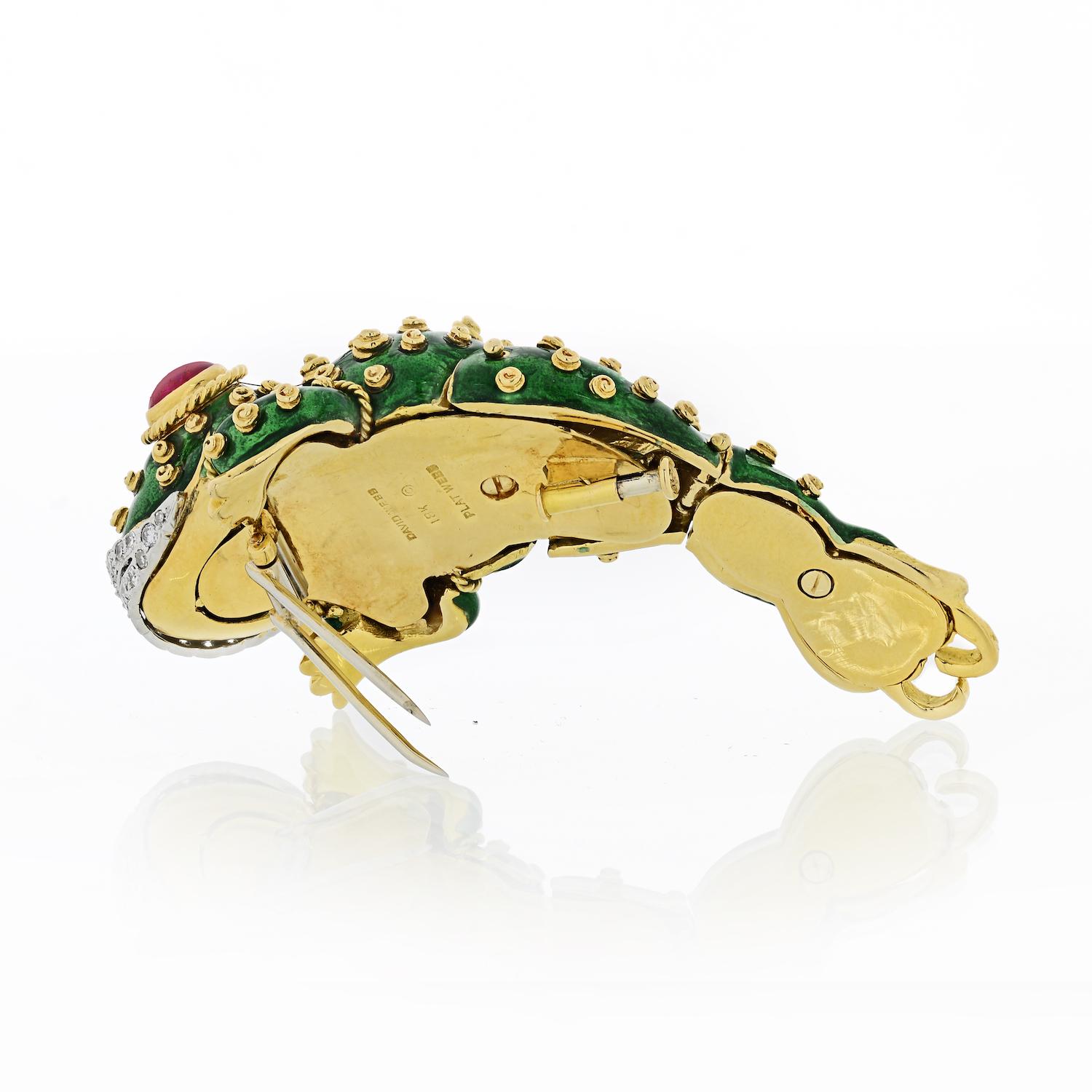 David Webb Tadpole Platinum and 18 Karat Yellow Gold Green Enamel Frog Brooch In Excellent Condition For Sale In New York, NY