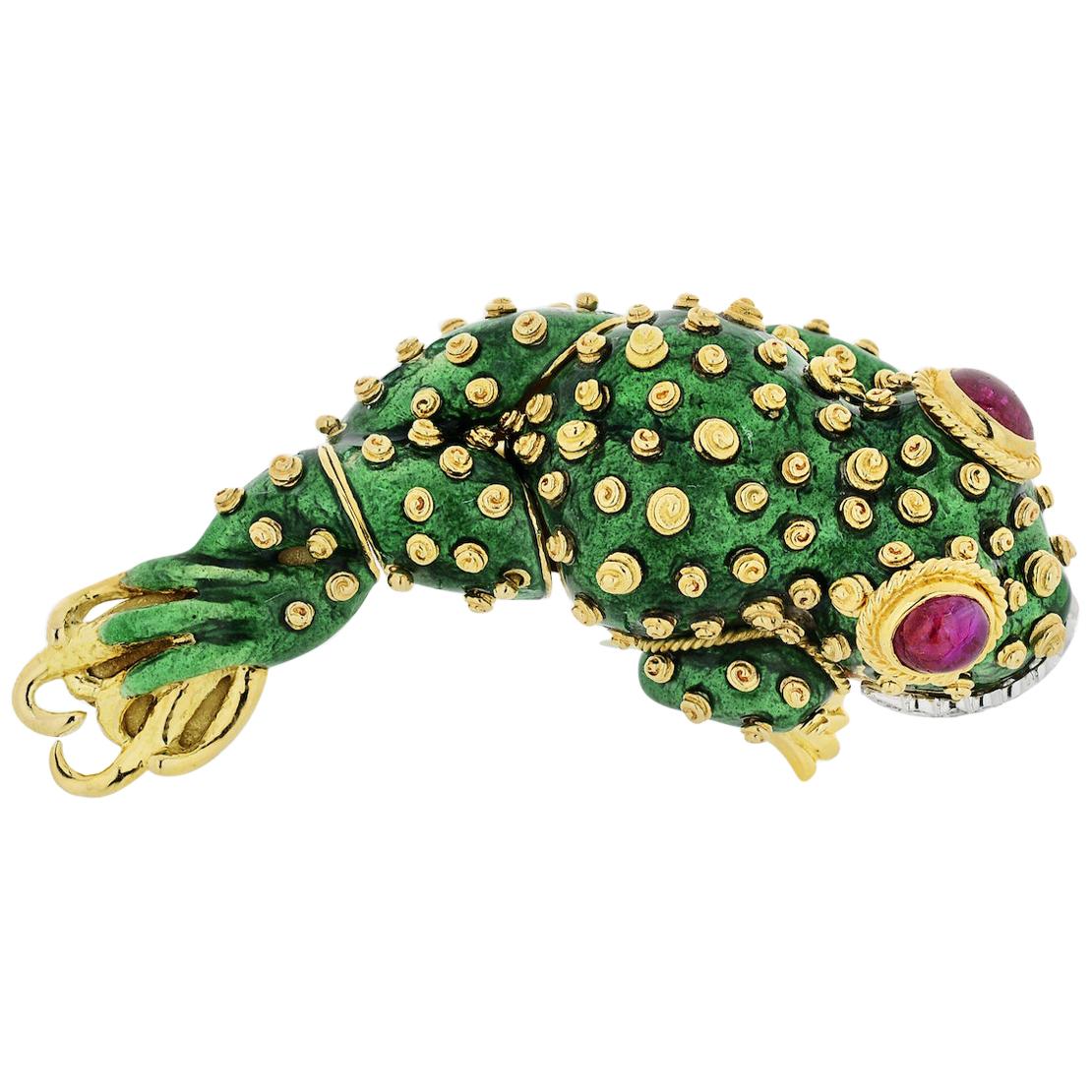 David Webb Broche grenouille Tadpole en platine, or jaune 18 carats et émail vert