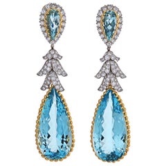 David Webb Teardrop Blue Aquamarine and Diamond Dangling Earrings