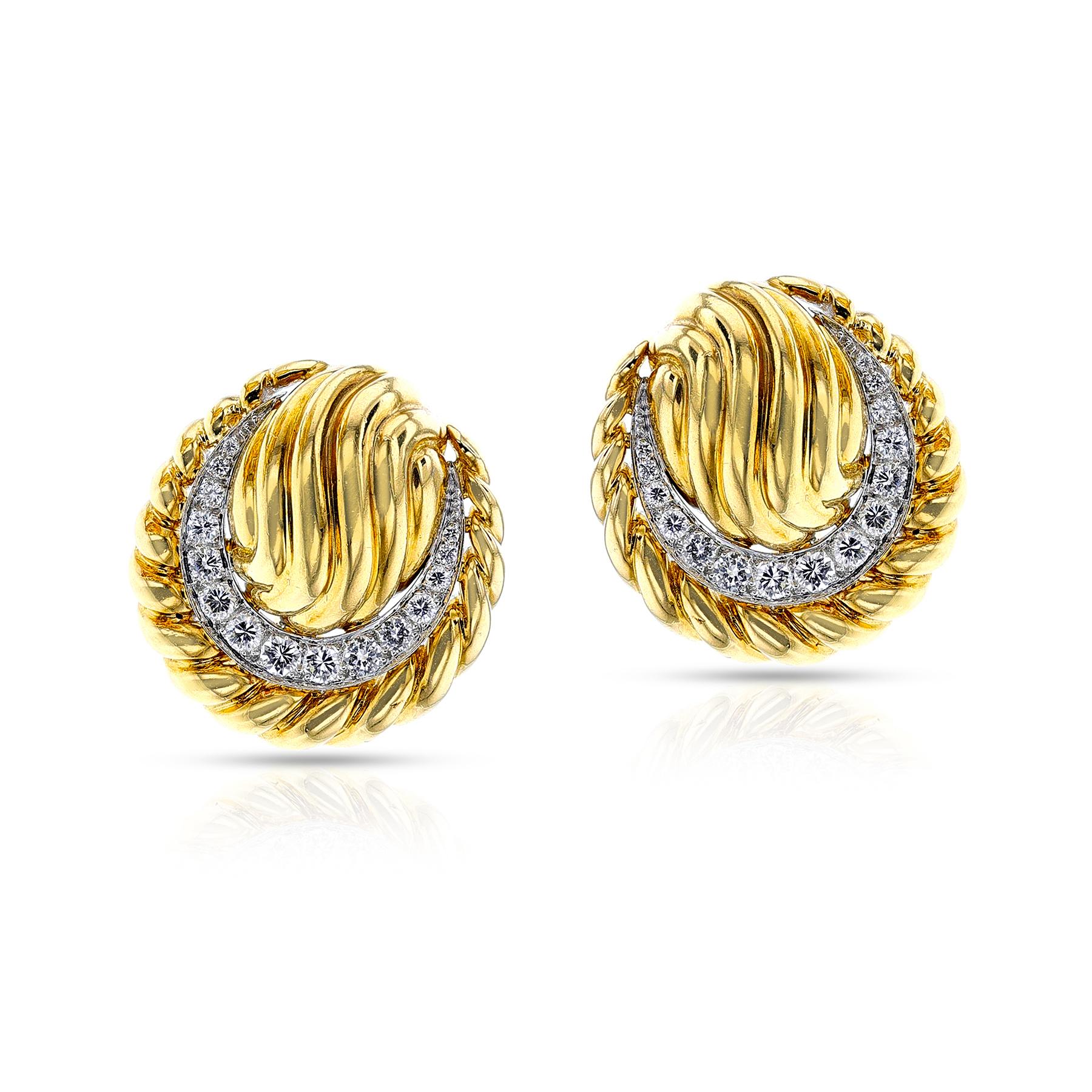 Round Cut David Webb Textured Gold and Diamond Clip-on Earrings, 18k For Sale