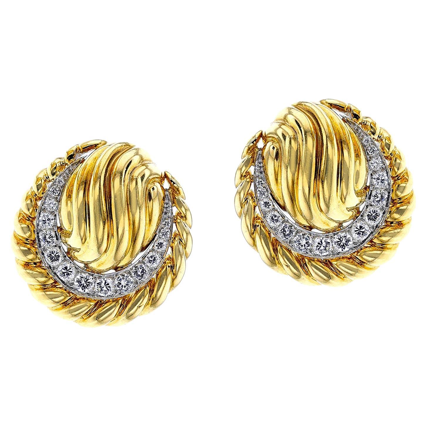 David Webb Textured Gold and Diamond Clip-on Earrings, 18k For Sale