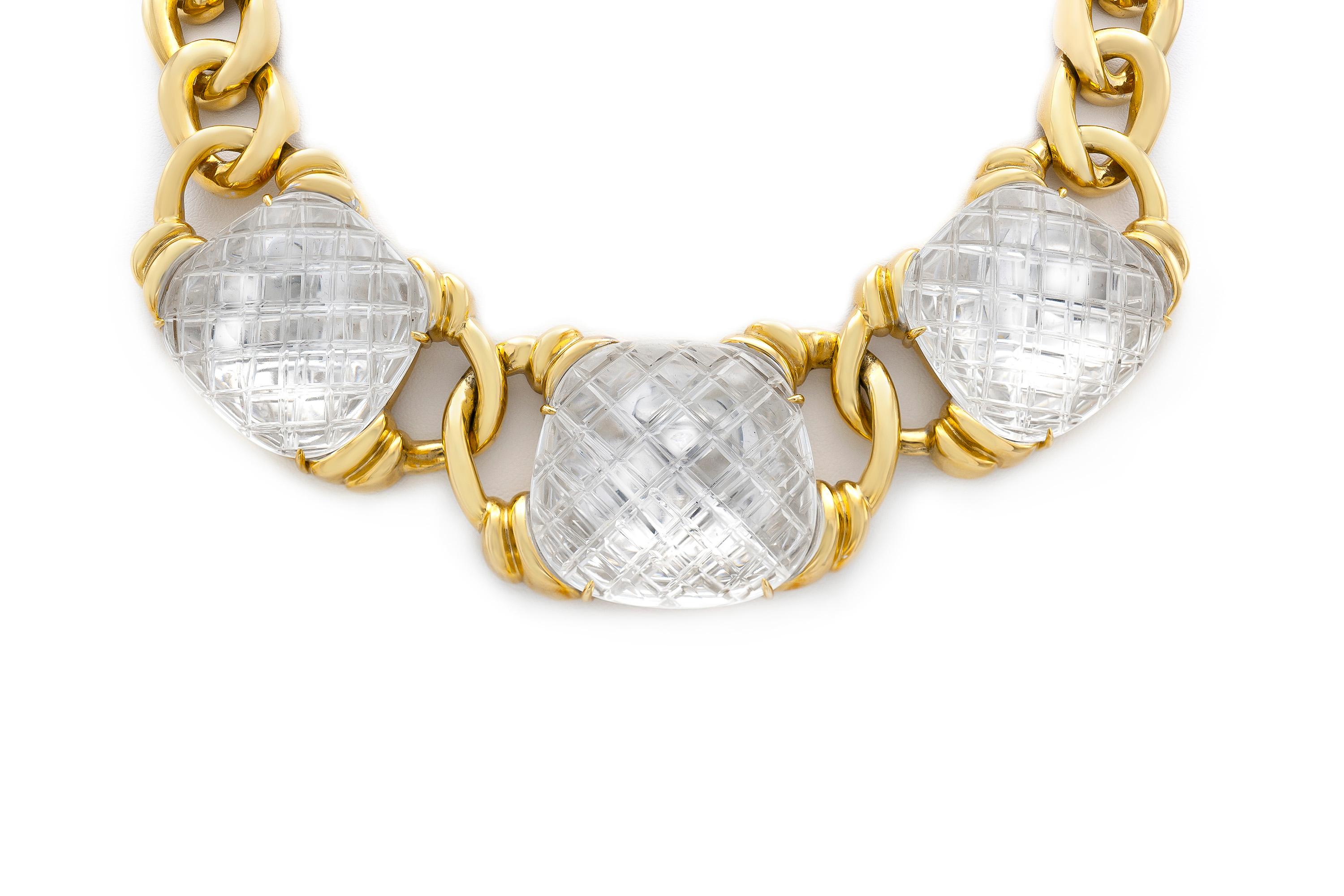 David Webb Three Crystal Gold Link Necklace In Good Condition For Sale In New York, NY
