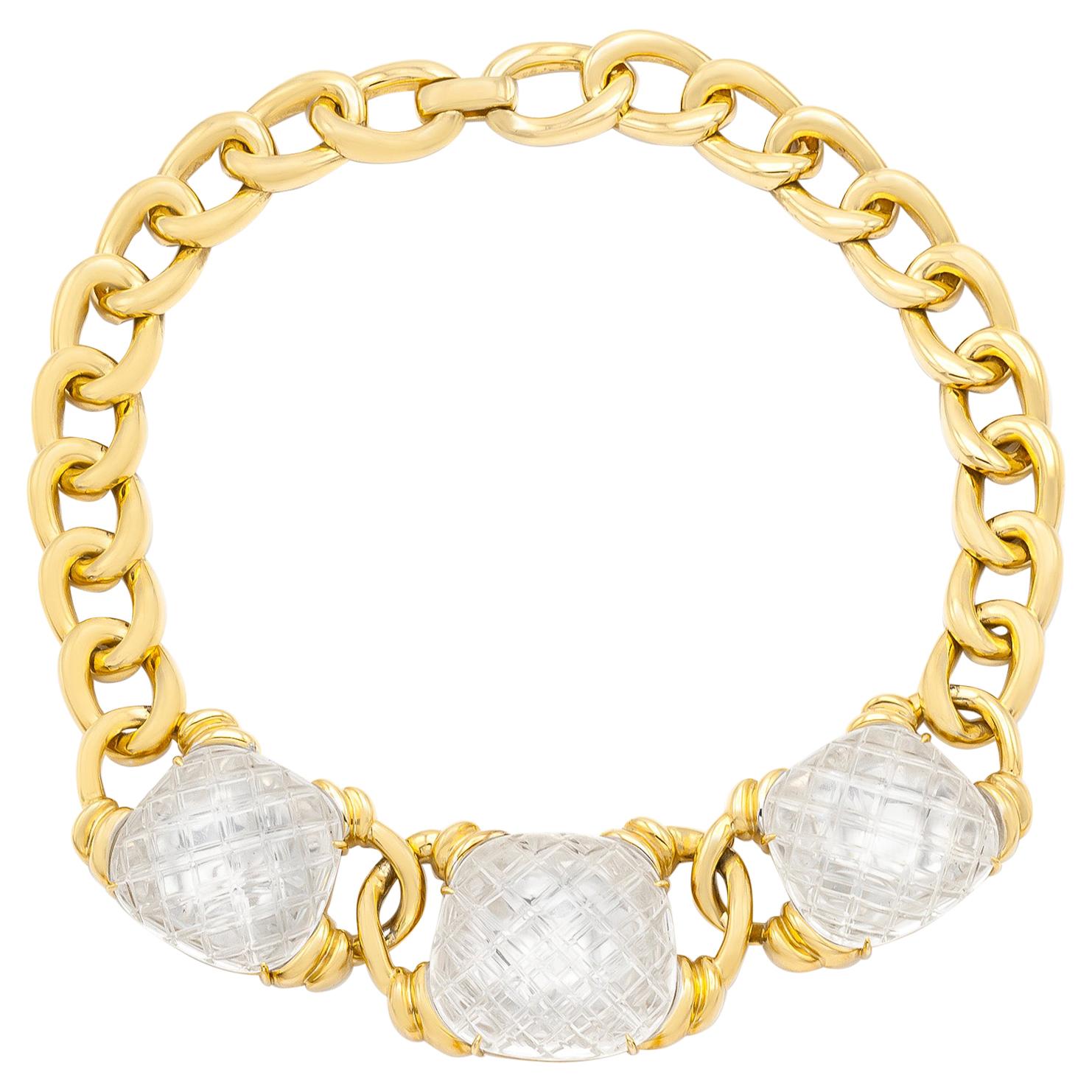 David Webb Three Crystal Gold Link Necklace