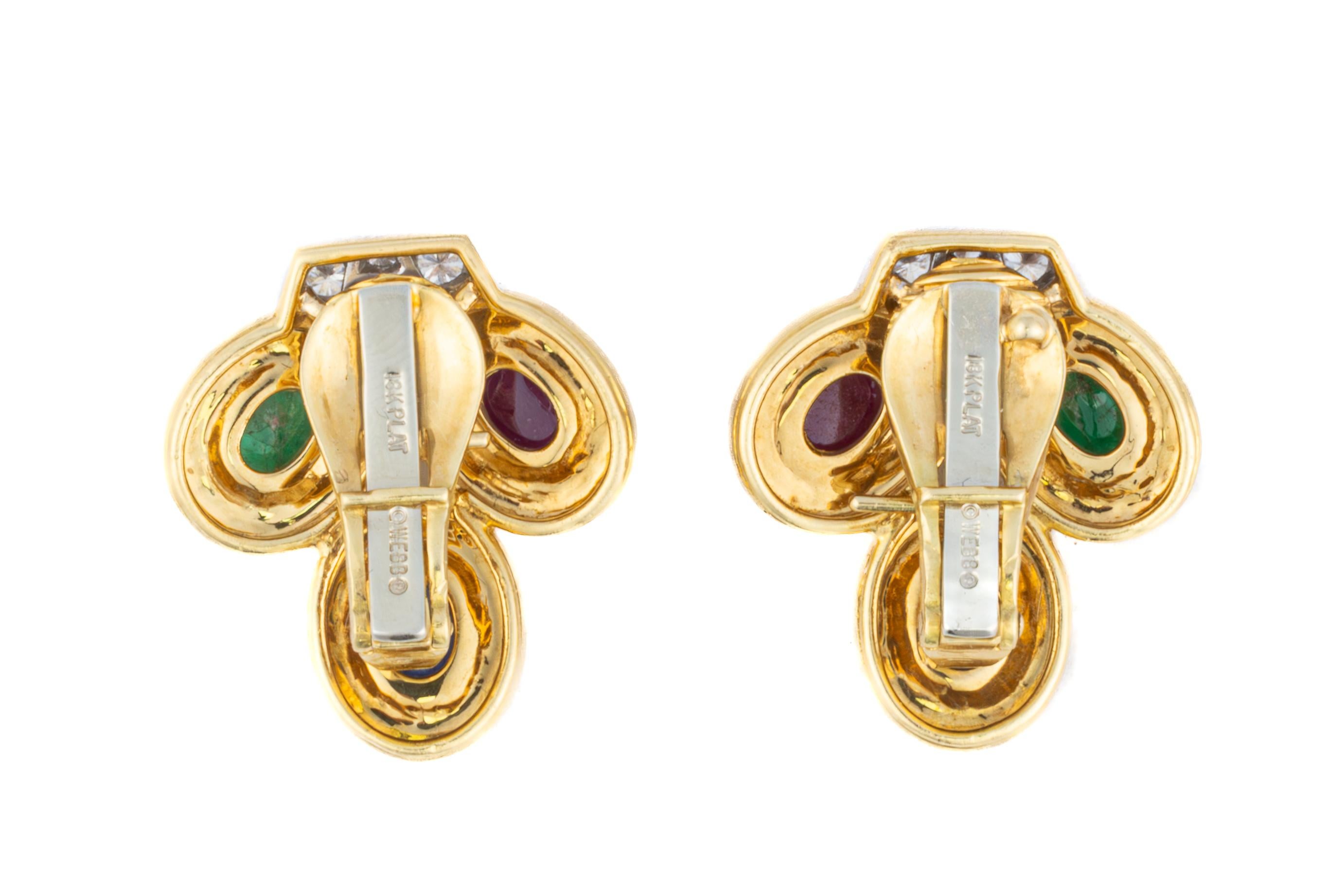 Pendientes David Webb de cabujón de tres piedras y diamantes Retro en venta