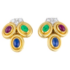 David Webb Three Stone Cabochon and Diamond Earrings