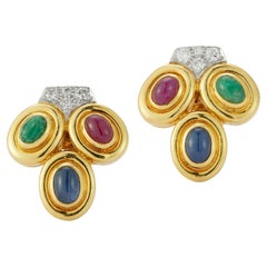 David Webb Three Stone Cabochon and Diamond Earrings