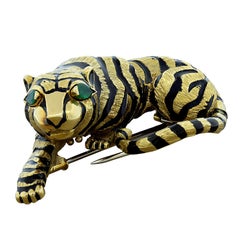 David Webb Tiger Brooch Emerald Black Enamel