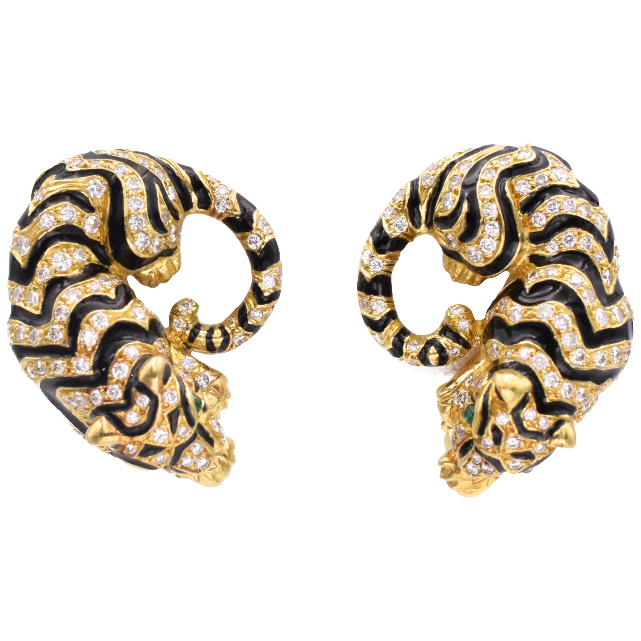 David Webb Tiger Ear Clips with Black Enamel and Diamonds