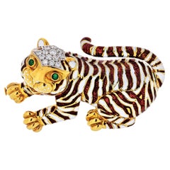David Webb Tiger in Red, White Enamel, Diamonds Vintage Brooch