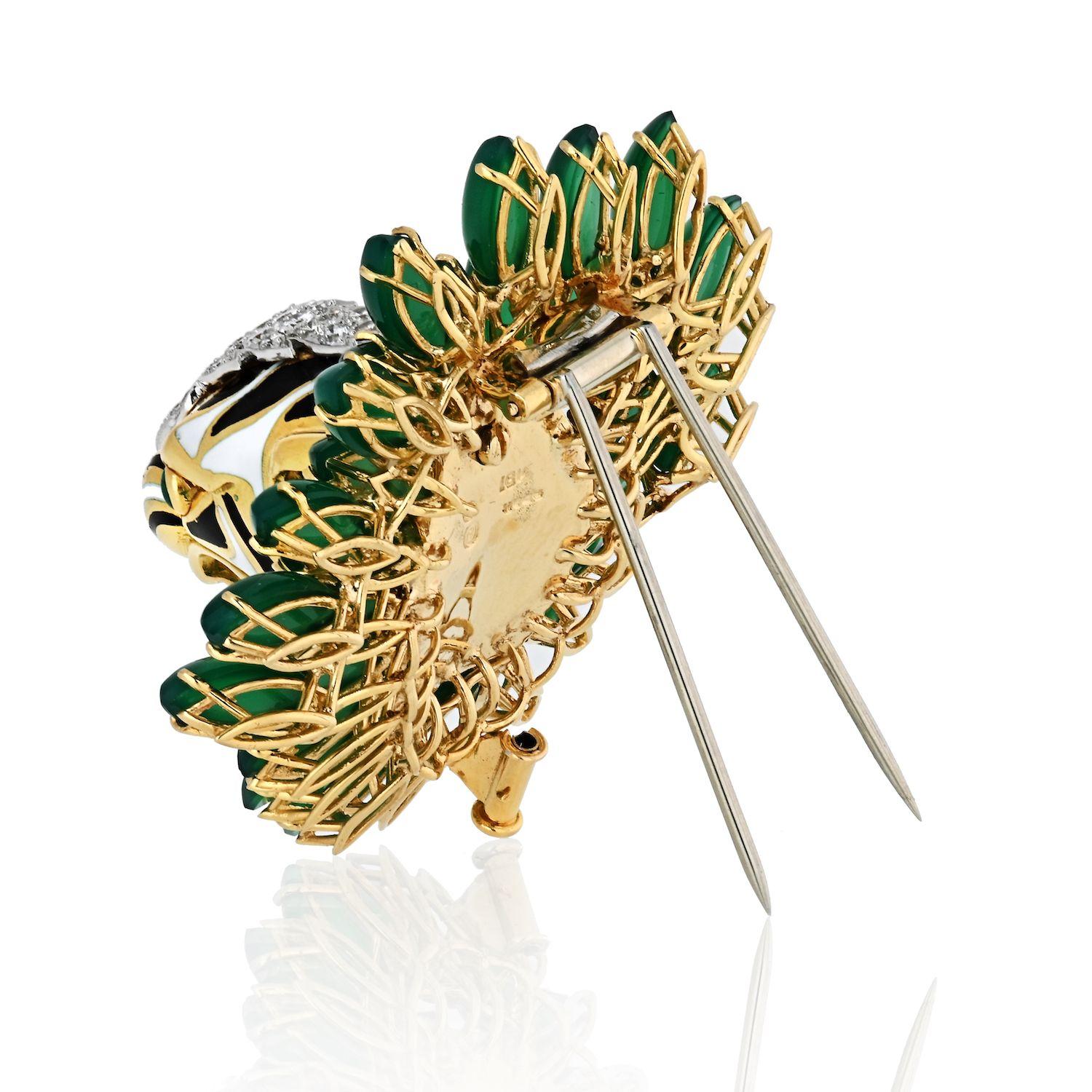 Modern David Webb Tiger Platinum and 18k Yellow Gold Diamond and Chrysoprave Brooch For Sale