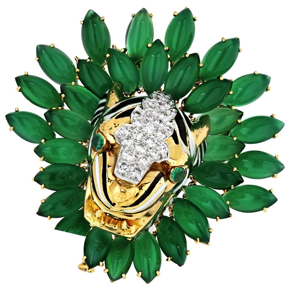 David Webb Tiger Platinum and 18K Yellow Gold Diamond and Chrysoprave Brooch For Sale