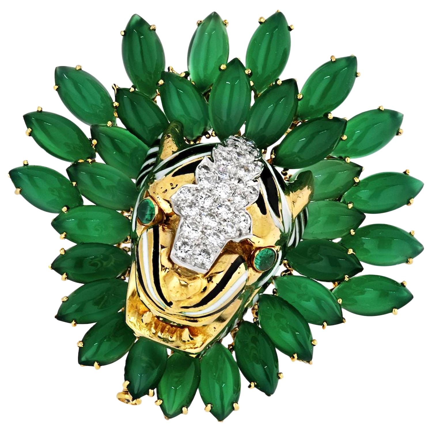 David Webb Tiger Platinum and 18k Yellow Gold Diamond and Chrysoprave Brooch For Sale