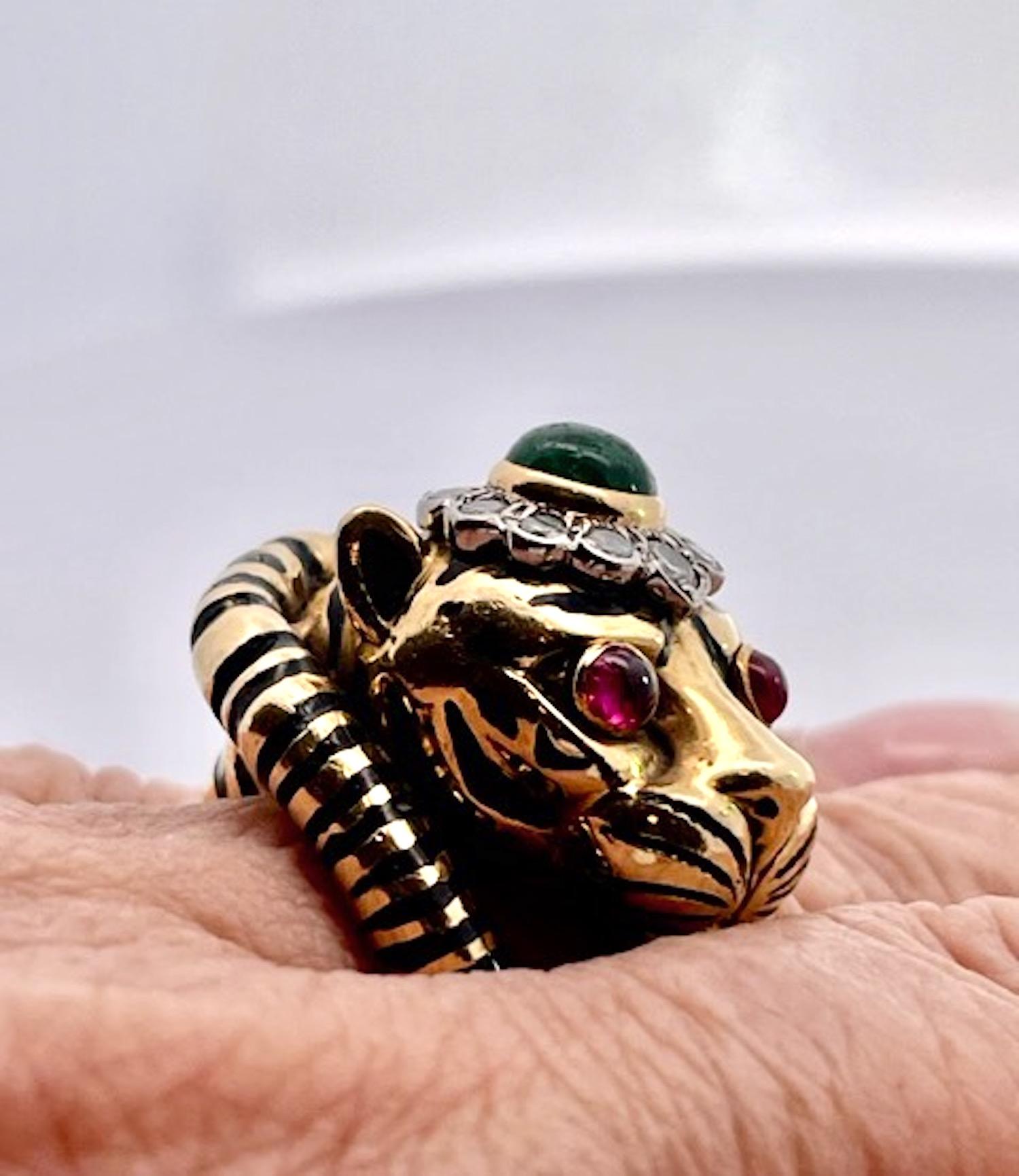 David Webb Tiger ring Ruby eyes, Emerald Head For Sale 1