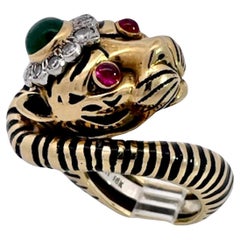 David Webb Bague tigre yeux de rubis, tête d'émeraude