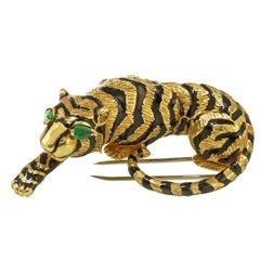 David Webb Tiger with Green Emerald Eyes Vintage Brooch