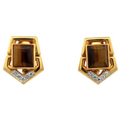 Retro David Webb Tiger's Eye Diamond 18 Karat Yellow Gold Estate Earrings Leverback