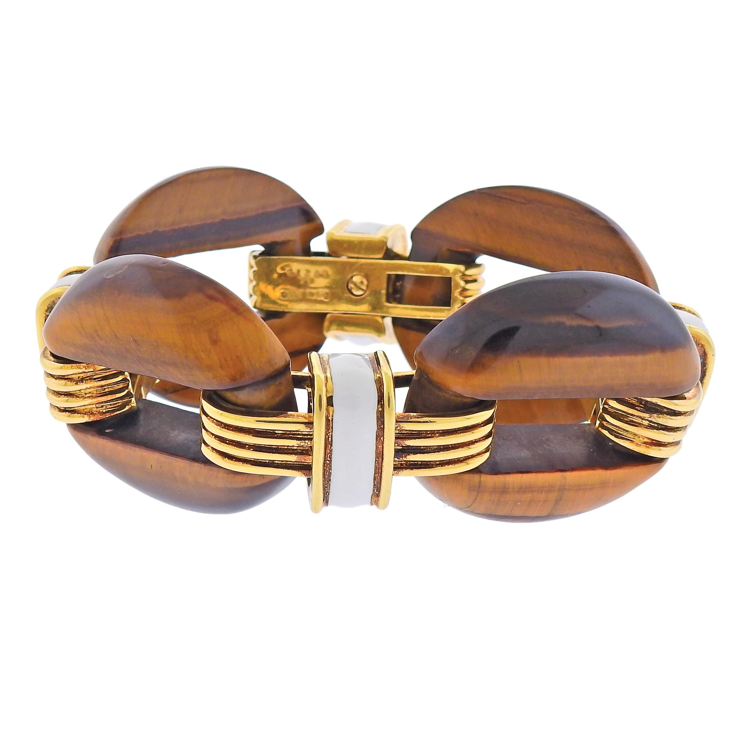 David Webb Tiger's Eye Enamel Gold Nautical Link Bracelet In Excellent Condition For Sale In Lambertville, NJ