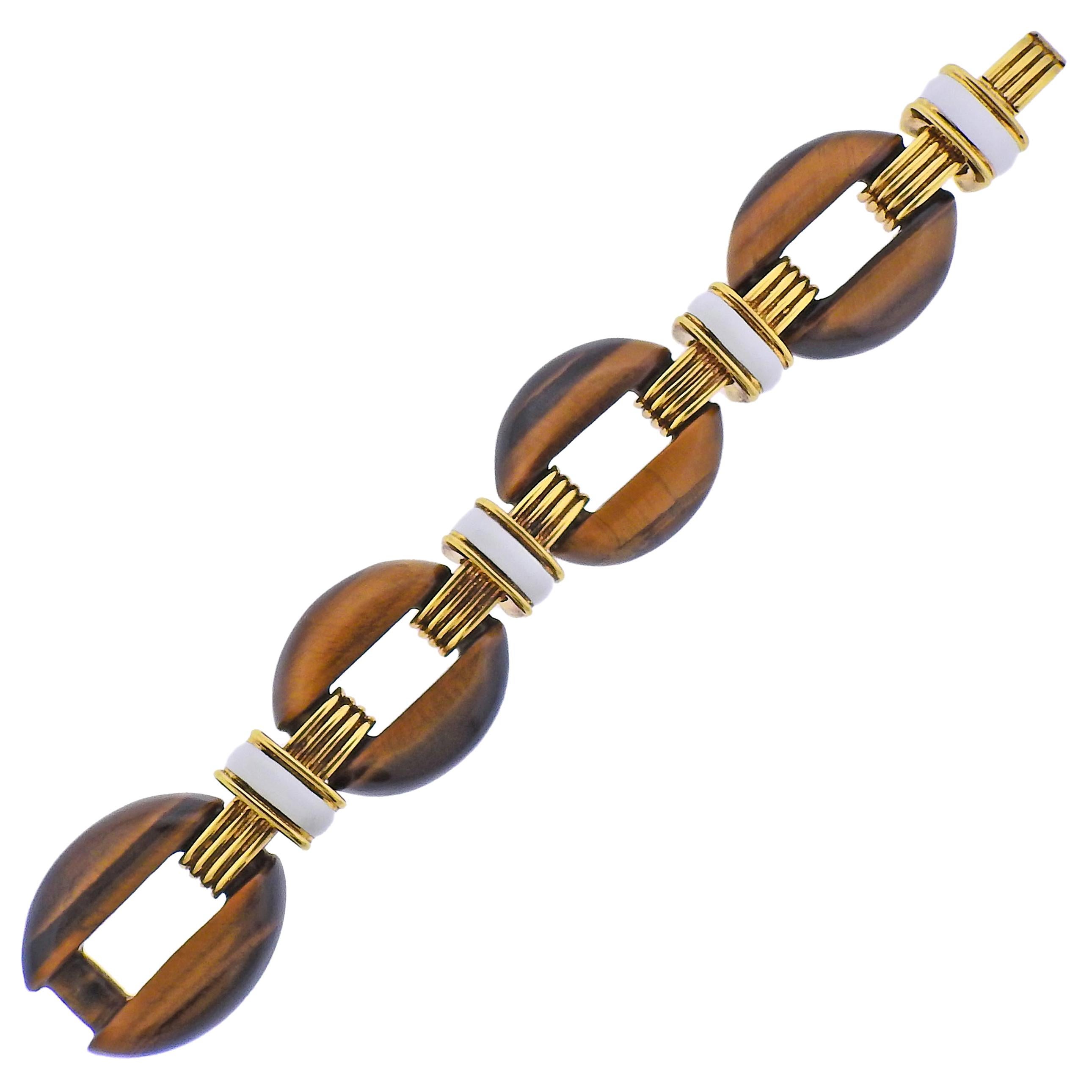 David Webb Tiger's Eye Enamel Gold Nautical Link Bracelet For Sale