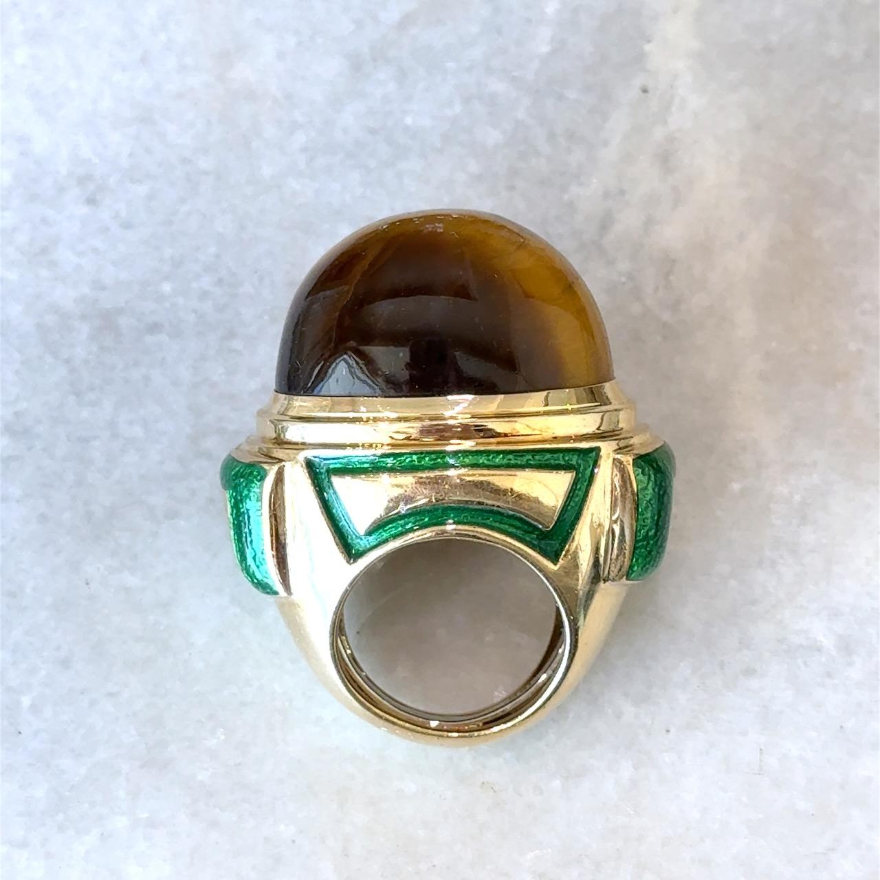 David Webb Anello da cocktail in oro 18 carati con smalto verde occhio di tigre e astuccio in vendita 8