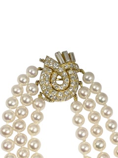 David Webb Triple Strand Fine Pearl and Diamond Necklace