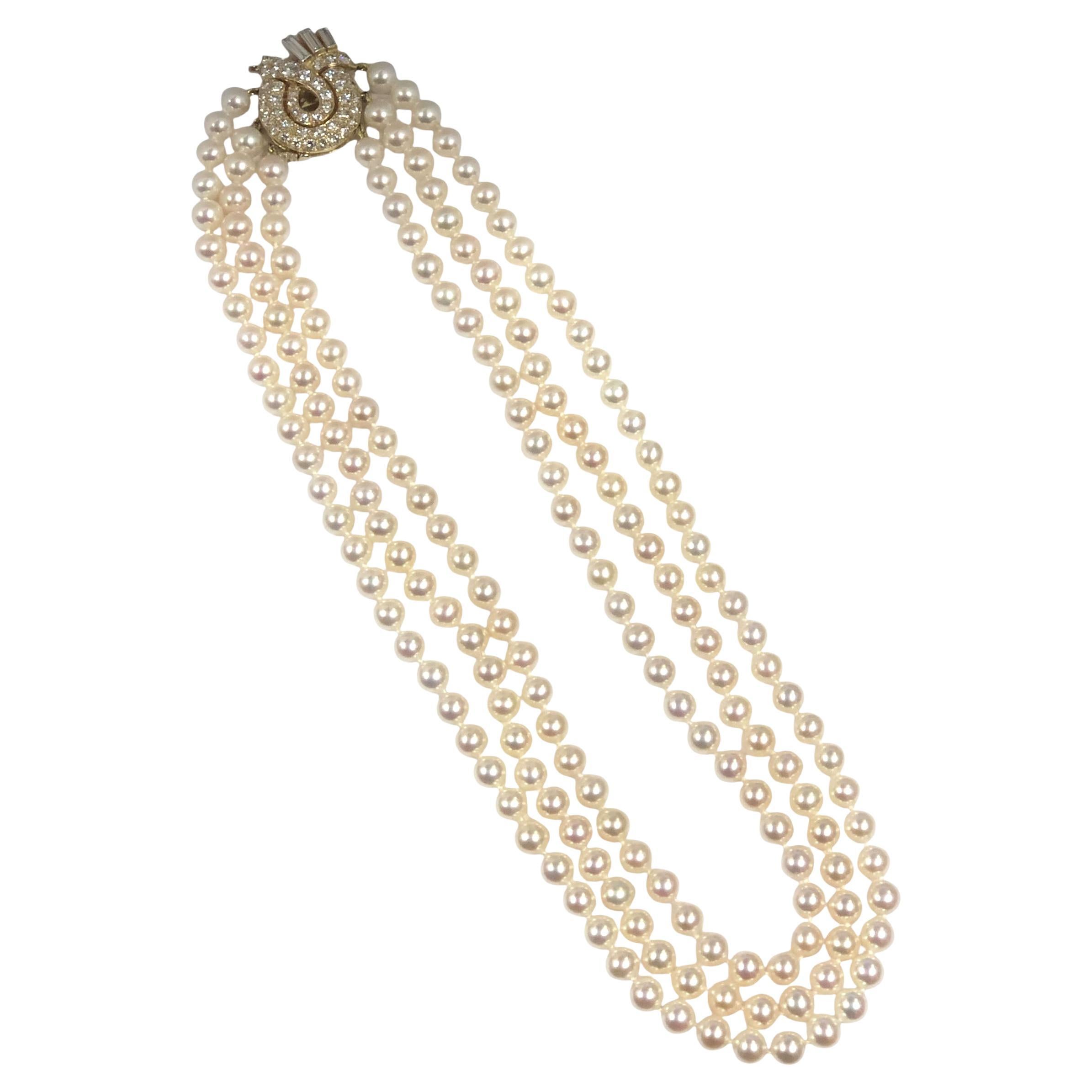 David Webb Triple Strand Fine Pearl and Diamond Necklace en vente