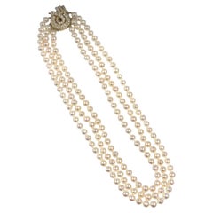David Webb Triple Strand Fine Pearl and Diamond Necklace
