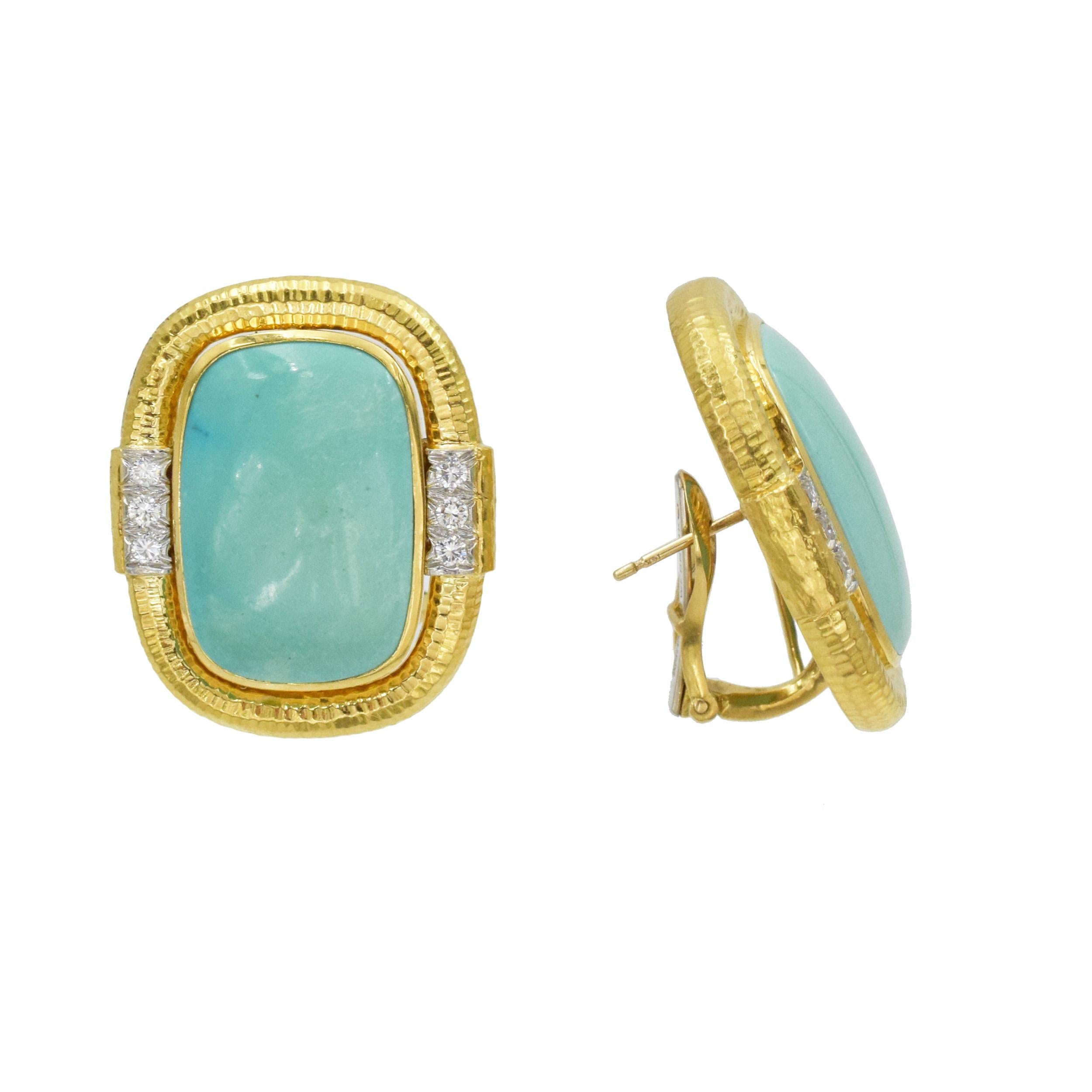 Cabochon David Webb Turquoise and Diamond 18karat Yellow Gold and Platinum Earrings For Sale