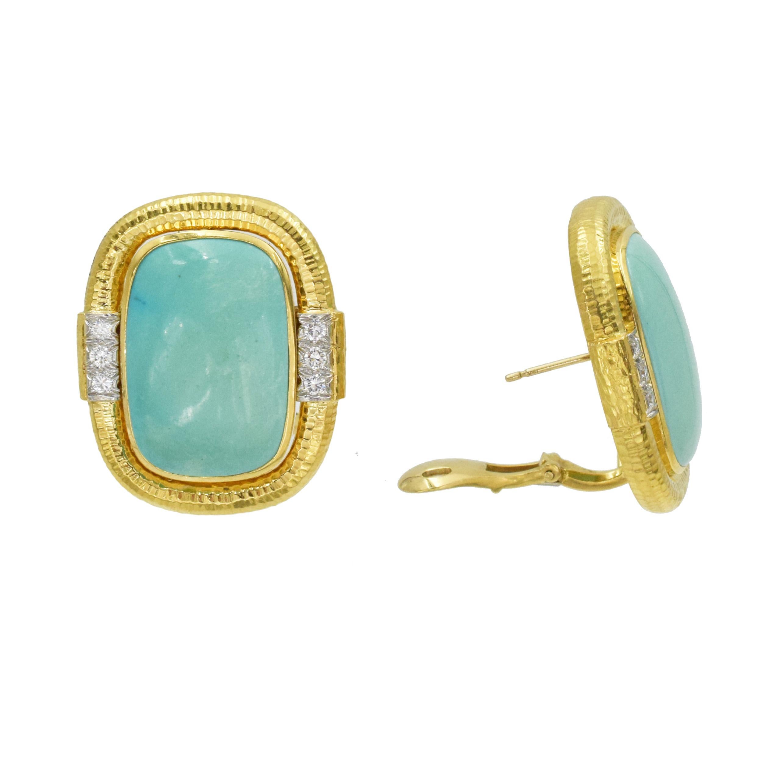 Women's or Men's David Webb Turquoise and Diamond 18karat Yellow Gold and Platinum Earrings For Sale