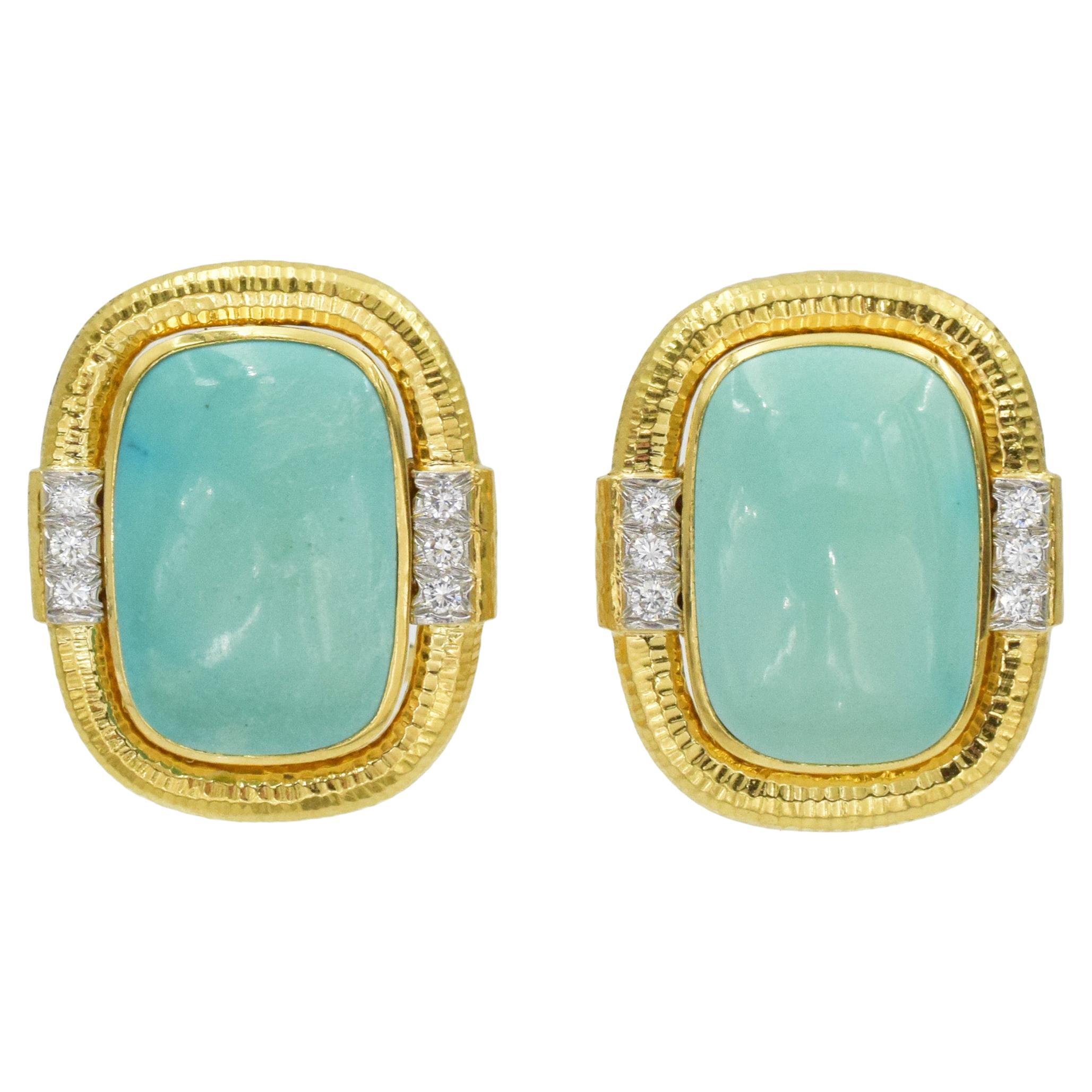 David Webb Turquoise and Diamond 18karat Yellow Gold and Platinum Earrings For Sale