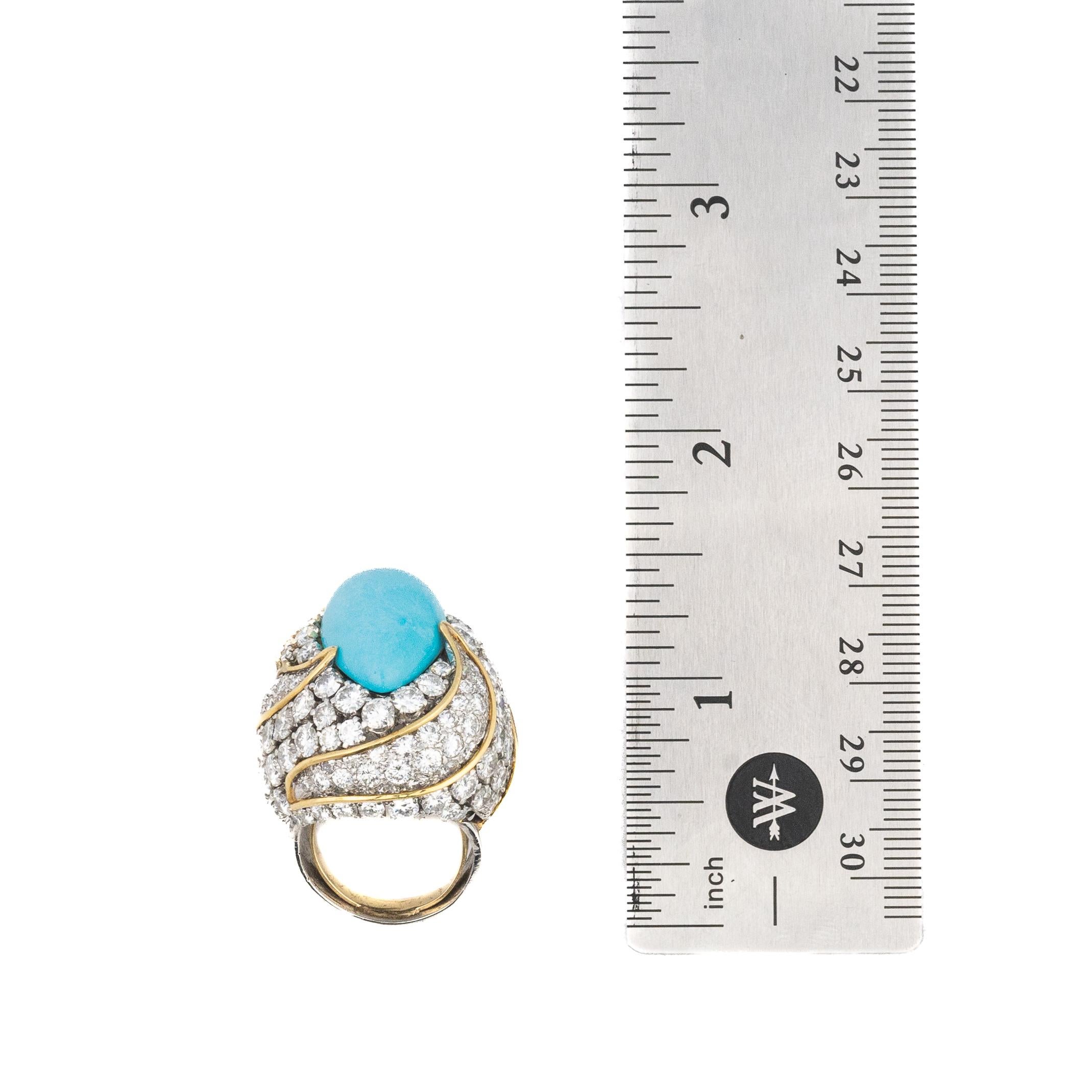 David Webb Turquoise and Diamond Bombe Ring

A striking creation from the legendary house of David Webb, this majestic bombe ring is a testament to the designer’s bold and sculptural aesthetic. At its heart lies a vivid turquoise cabochon, its