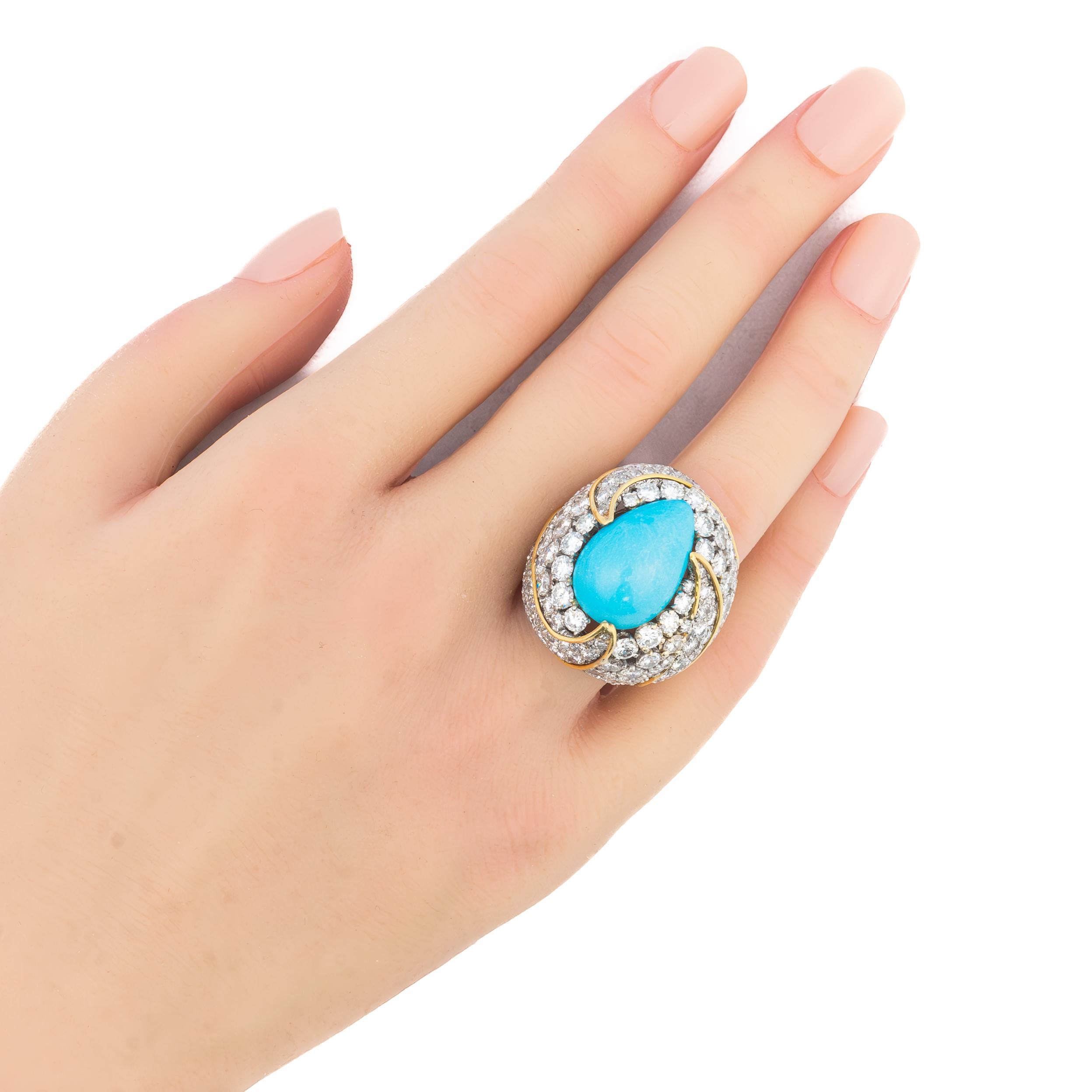 Retro David Webb Turquoise and Diamond Bombe Ring