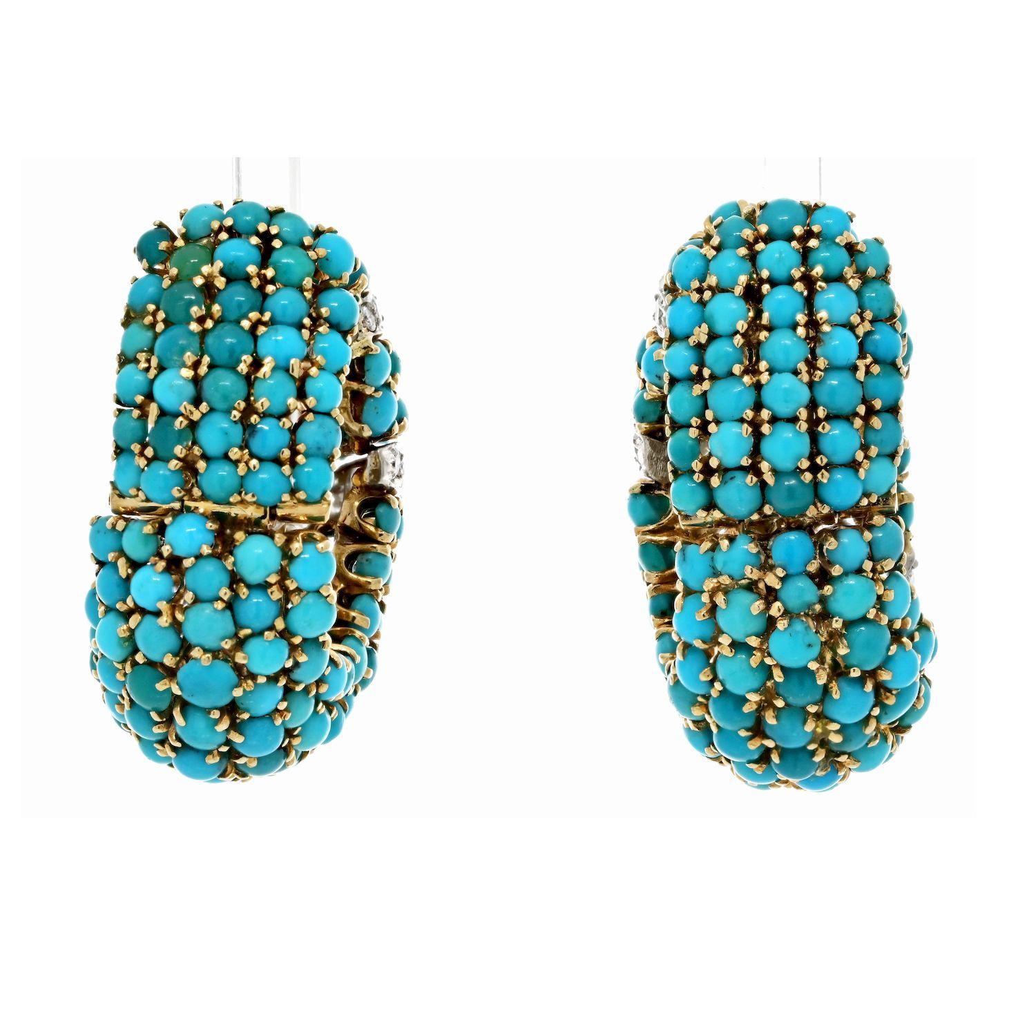 The breathtaking David Webb Turquoise and Diamond Bombe Shrimp Earrings, a true testament to the designer's mastery of artistry. Crafted in 18K yellow gold and platinum, these earrings exude a captivating blend of elegance and whimsy. Each earring