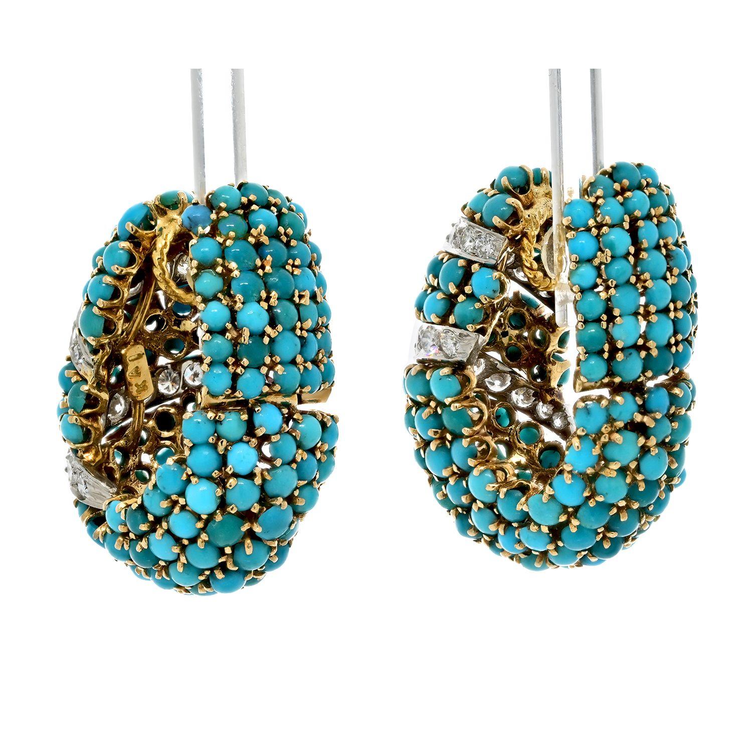 Modern David Webb Turquoise And Diamond Bombe Shrimp Clip Earrings