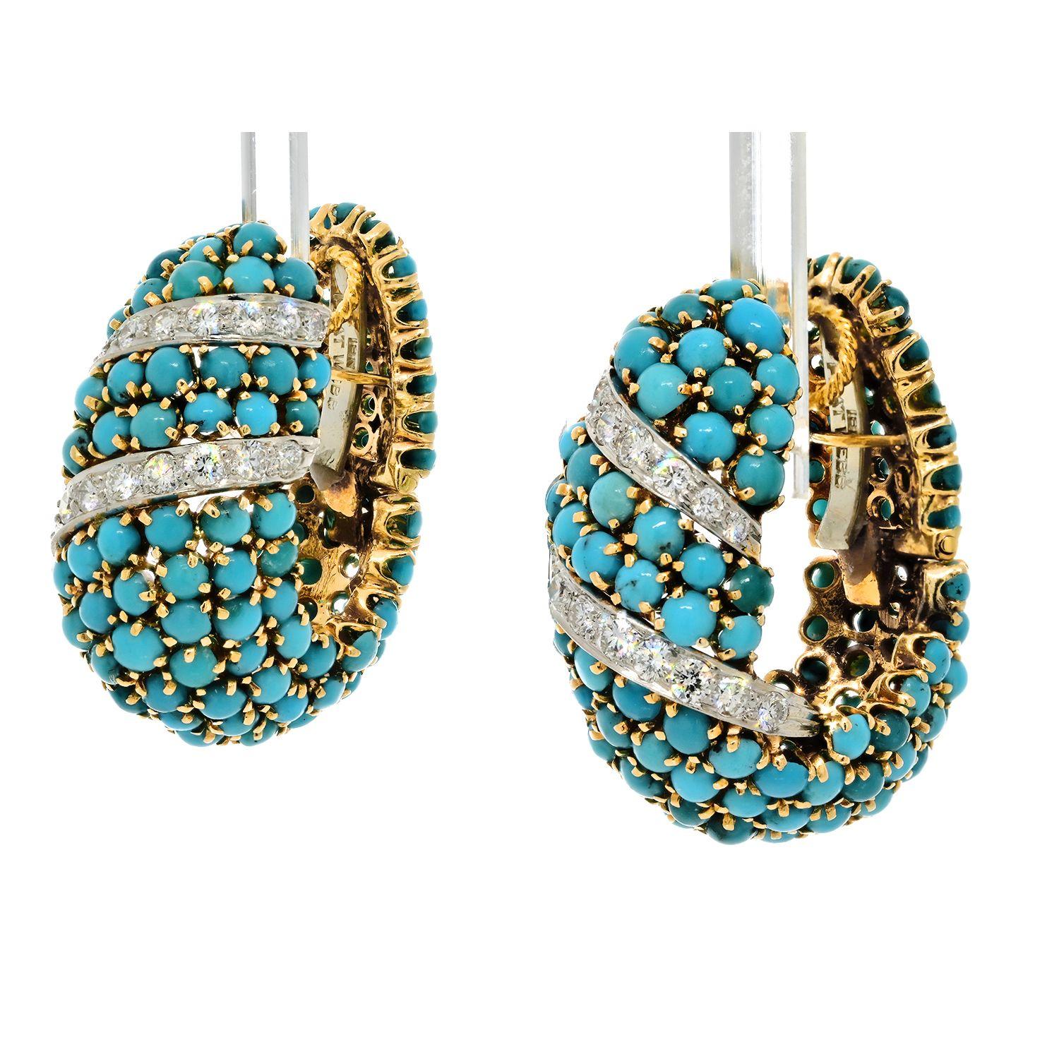 Modern David Webb Turquoise And Diamond Bombe Shrimp Clip Earrings