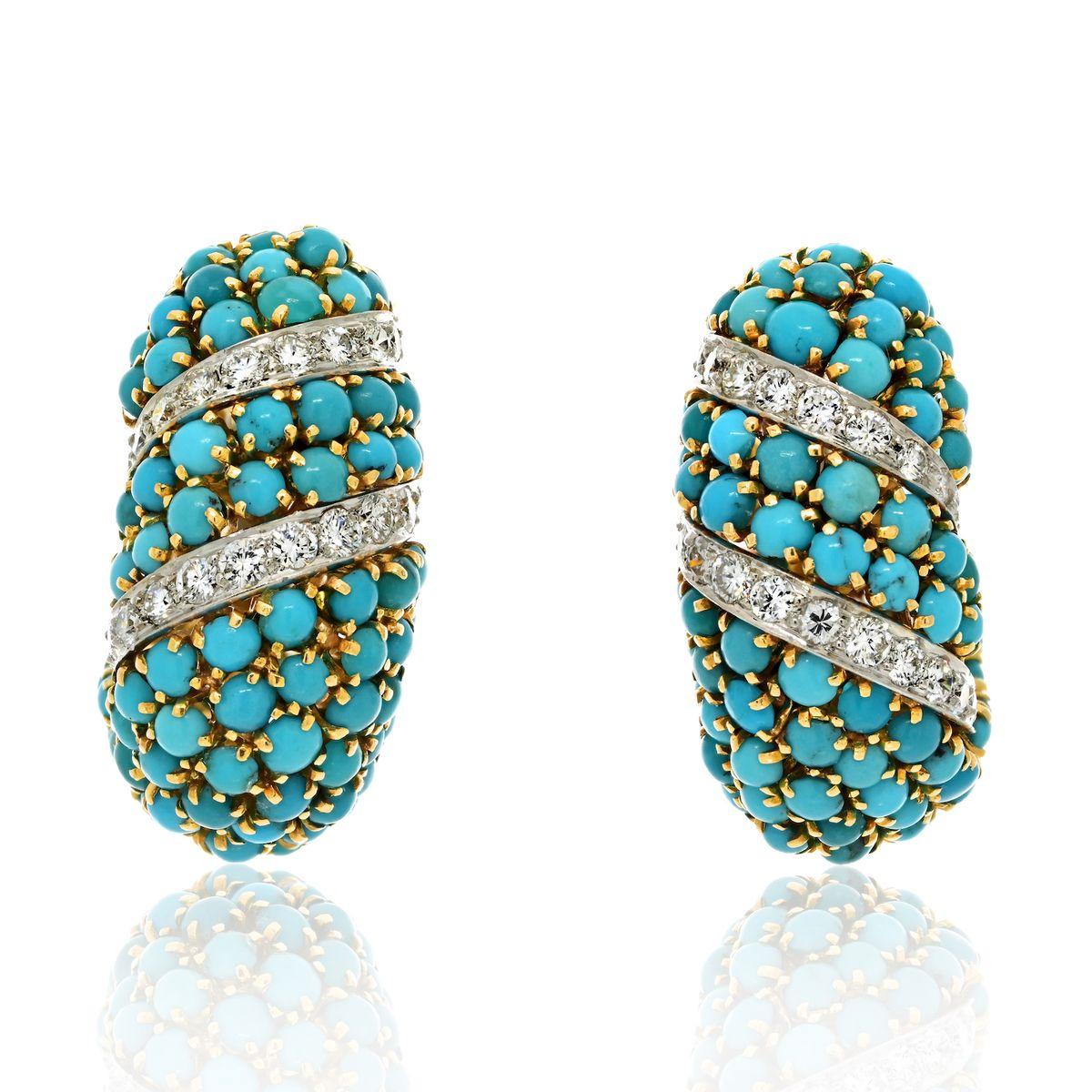 David Webb Turquoise And Diamond Bombe Shrimp Clip Earrings In Excellent Condition In New York, NY