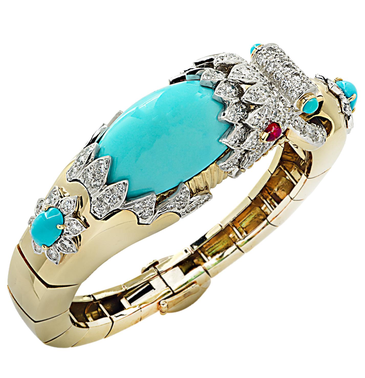 Cabochon David Webb Turquoise and Diamond Chimera Bangle