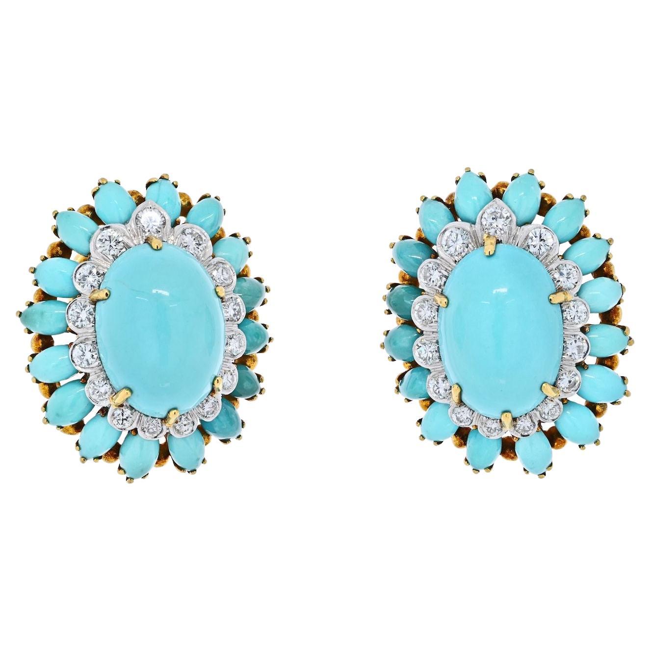 David Webb Turquoise and Diamond Clip Earrings