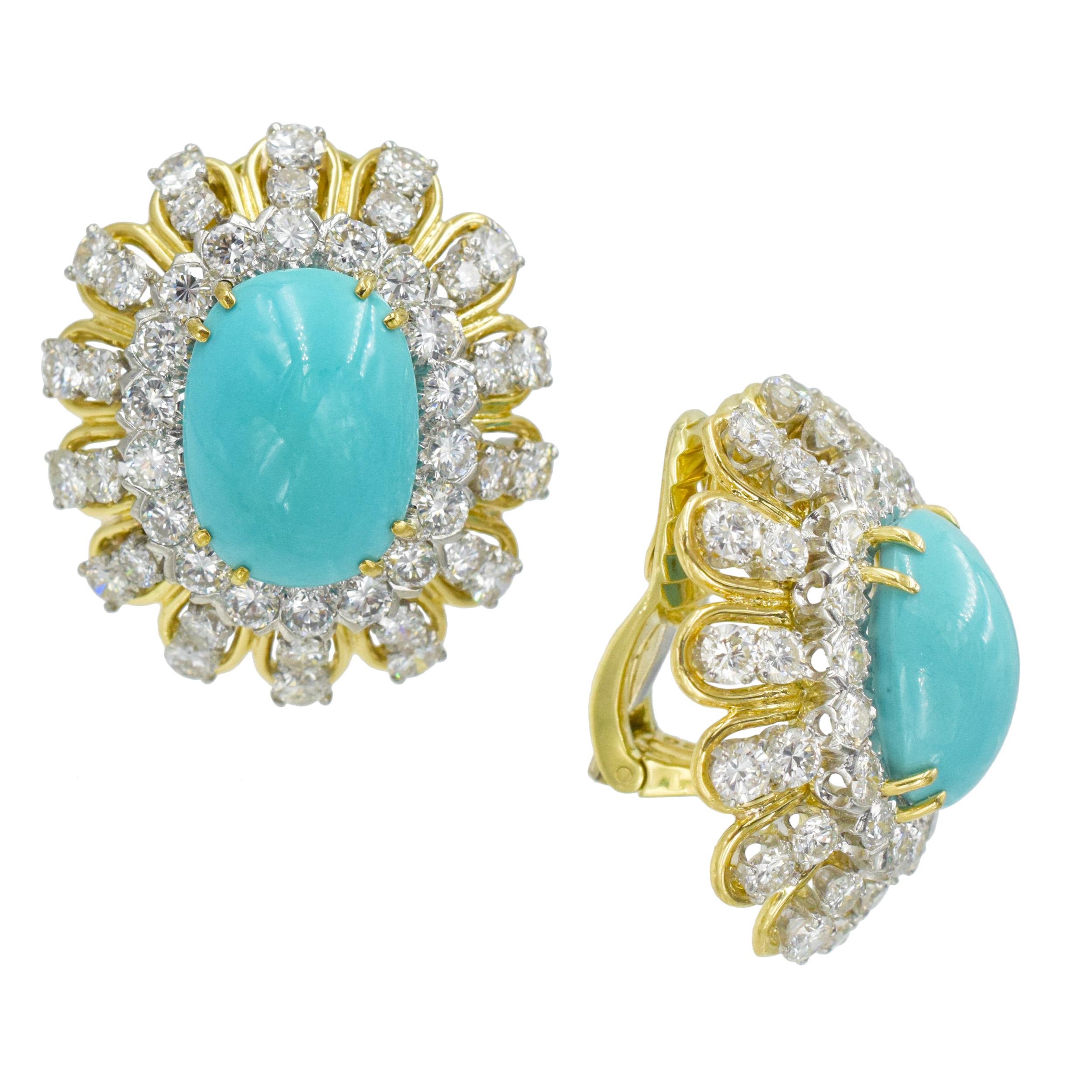 Oval Cut David Webb Turquoise and Diamond Earrings