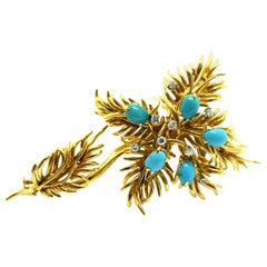 David Webb Turquoise and Diamond Floral Brooch 18 Karat Gold
